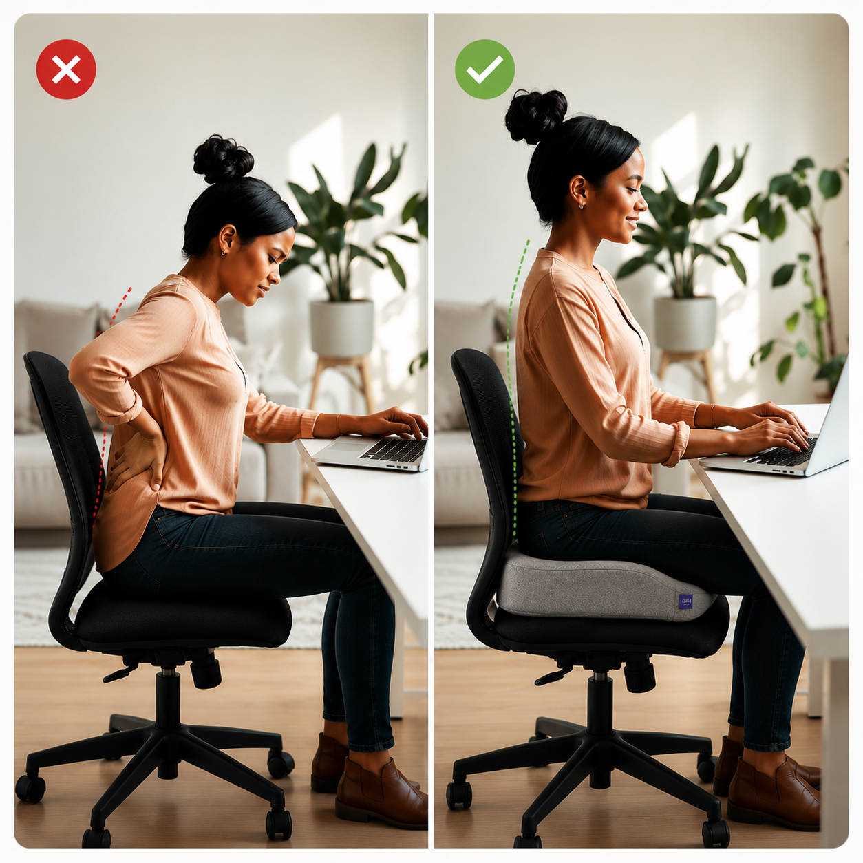 Comparison showing bad posture without cushion versus correct posture using the Cloud Seat Cushion