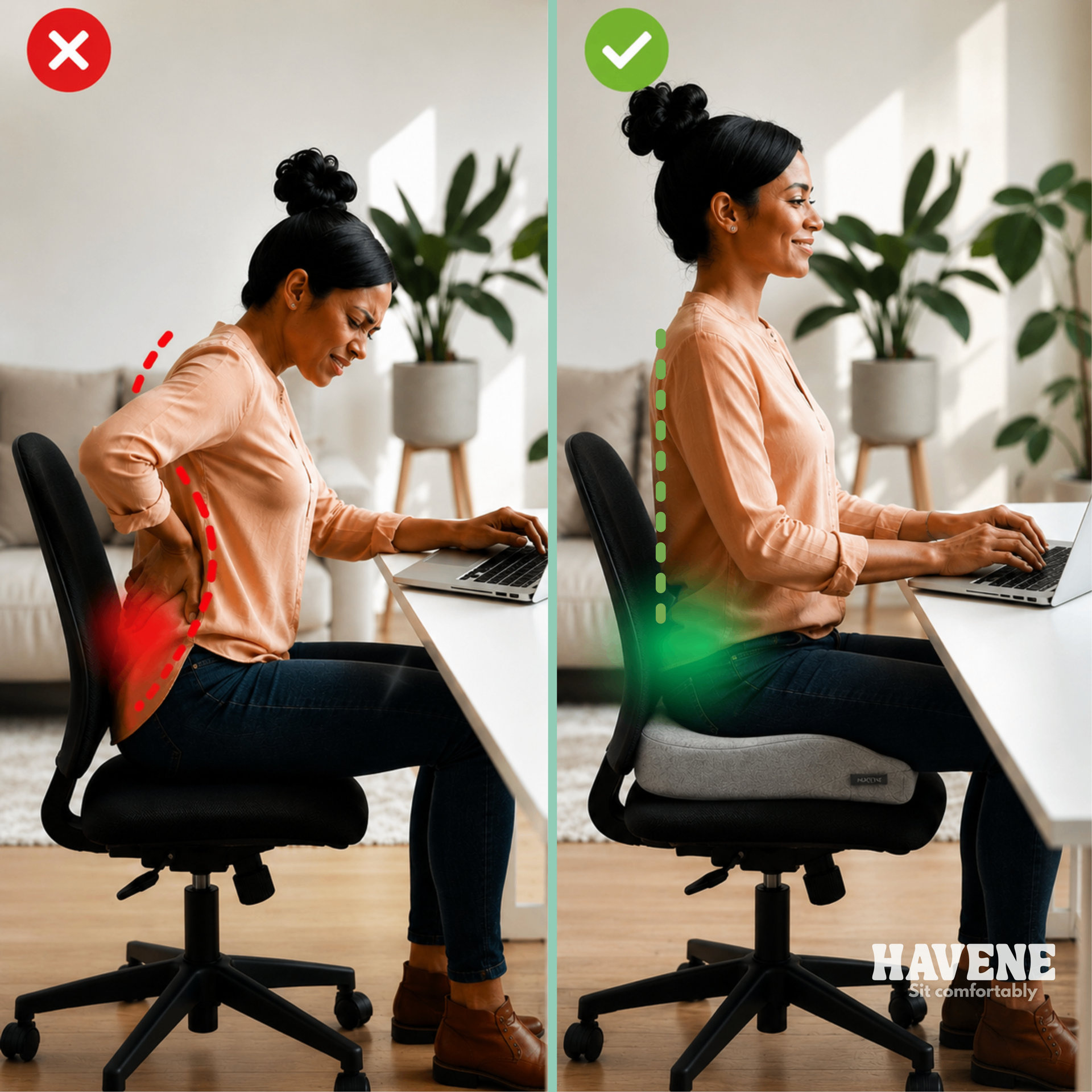 Comparison showing bad posture without cushion versus correct posture using the Cloud Seat Cushion