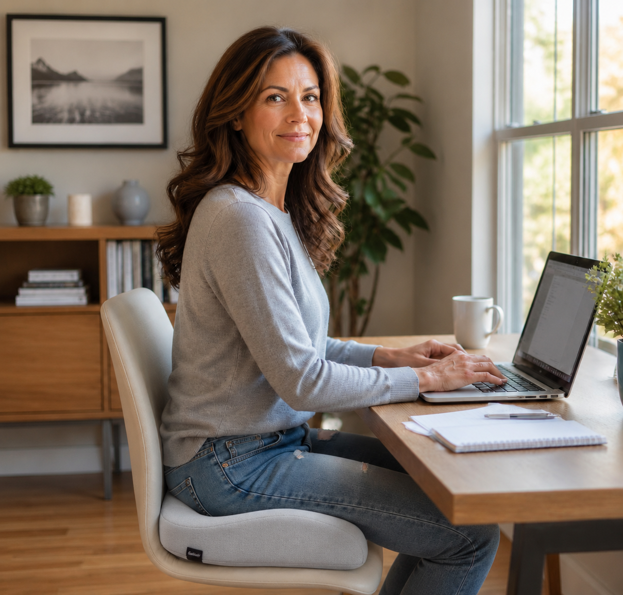 Work-from-home brunette woman sitting comfortably at her desk