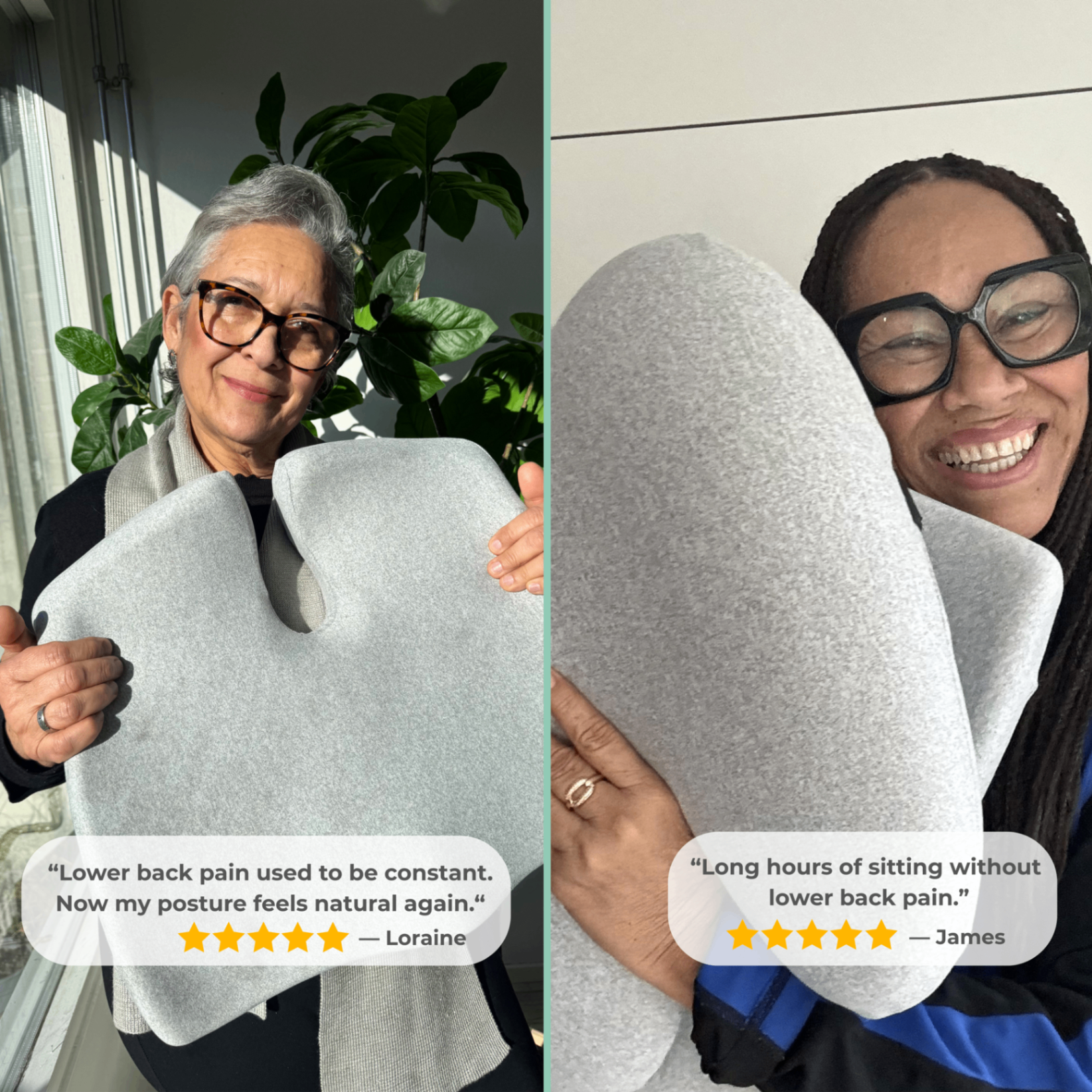 Two happy customers holding the Cloud Seat Cushion with 5-star reviews