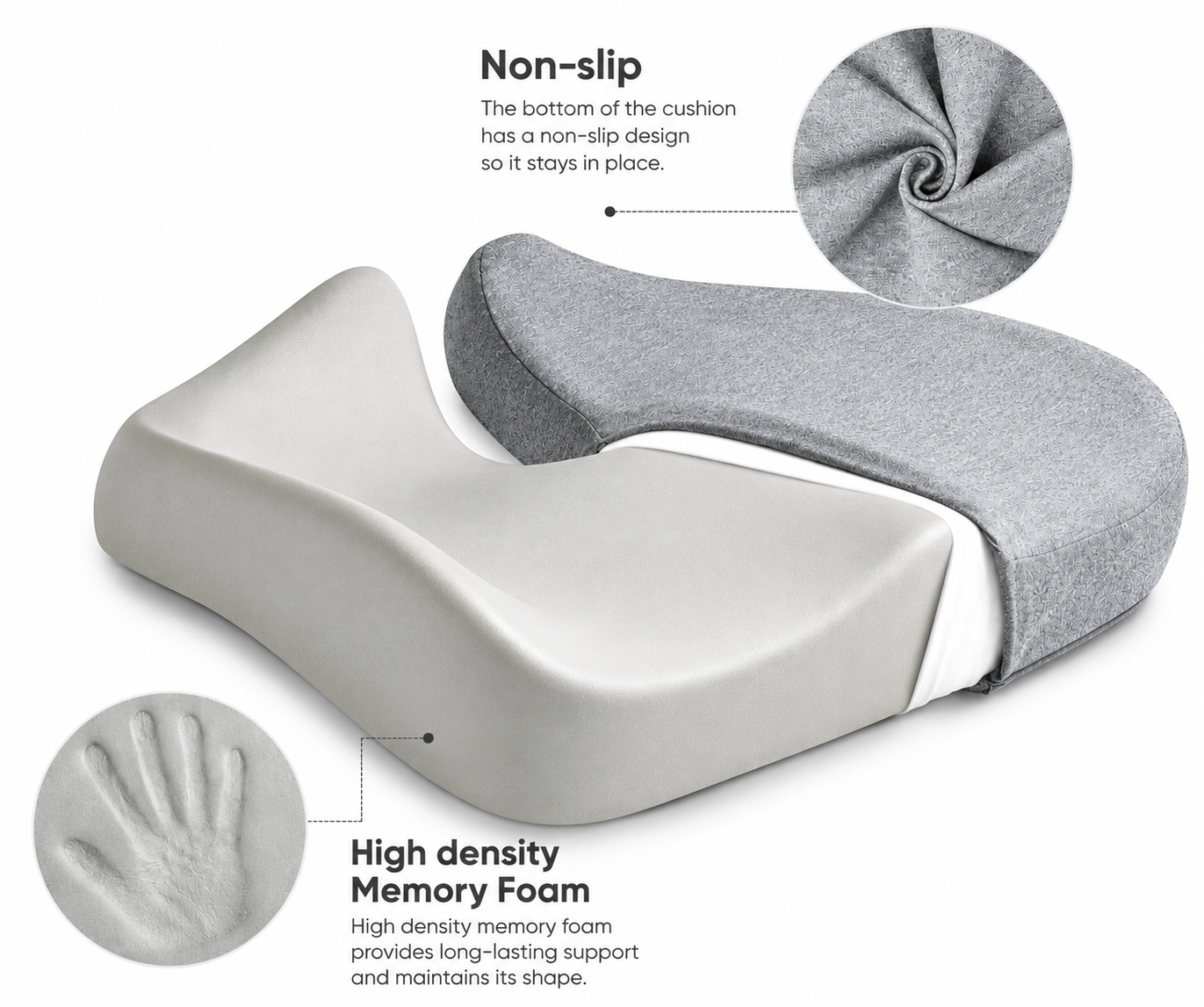 Cloud Seat Cushion features: non-slip base and high-density memory foam