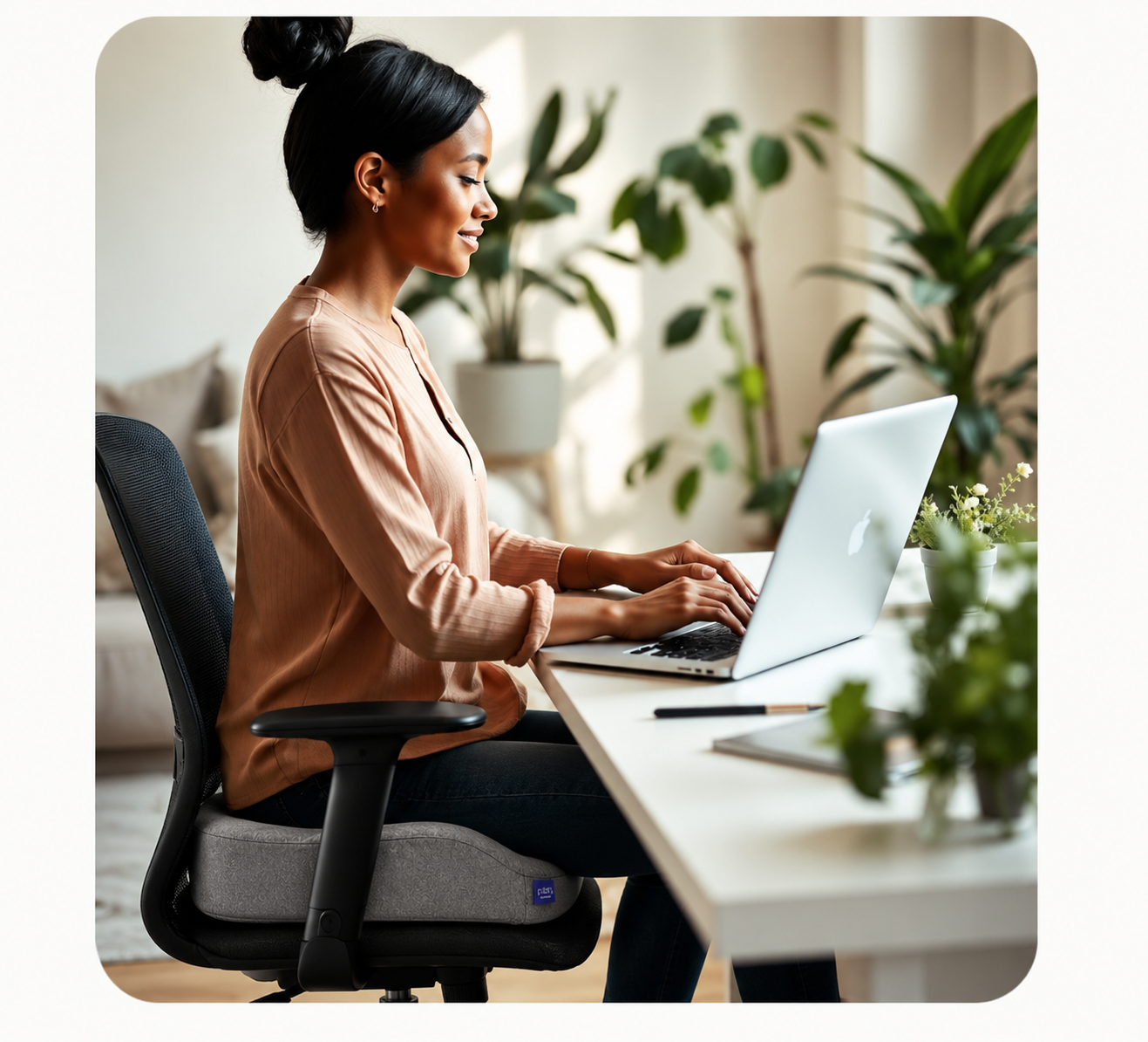 Work-from-home mum sitting comfortably at her desk